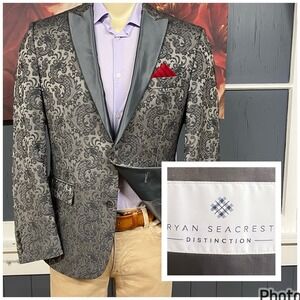 Ryan Seacrest Dinner Jacket Blazer Mens 40R Polyester Blend Stretch Paisley Gray